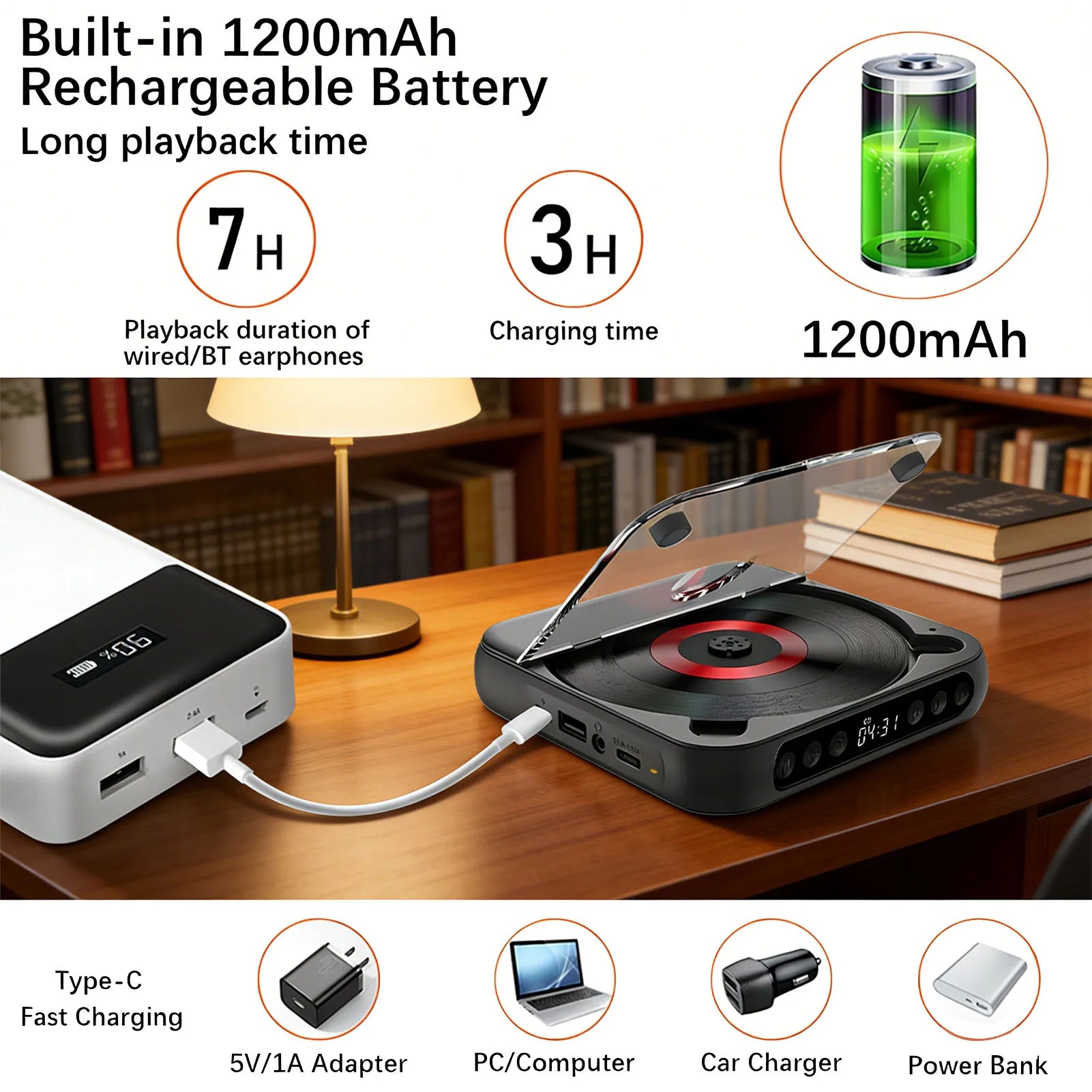Portable CD Player with Dual Stereo Speakers Bluetooth 5.3 Rechargeable Headphones LCD for Home Car Outdoor Support CD AUX USB