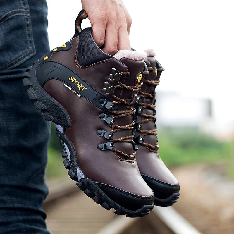 Mens Hiking Boots Leather Comfort Outdoor Anti Slip Trekking Shoes Super Warm Winter High Top Lace Up Casual Snow Boots for Men