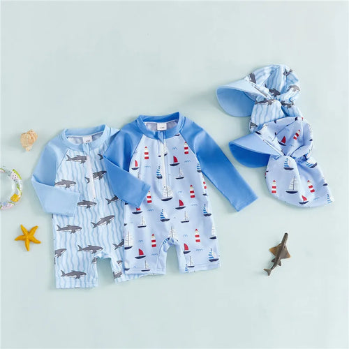 0-5years Toddler Baby Boys Swimsuit Set Sailboat/Shark Print bathing suit Upper Zipper Rash Guard Swimwear for toddler boys