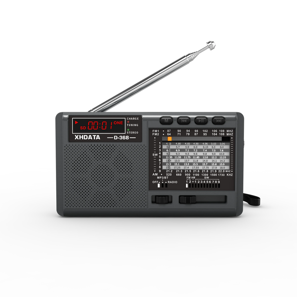 XHDATA D-368 Portable Stereo Radio FM AM SW MP3 Player with Bluetooth TF Card USB Playback 4Ω 3W Speaker Rechargeable Battery