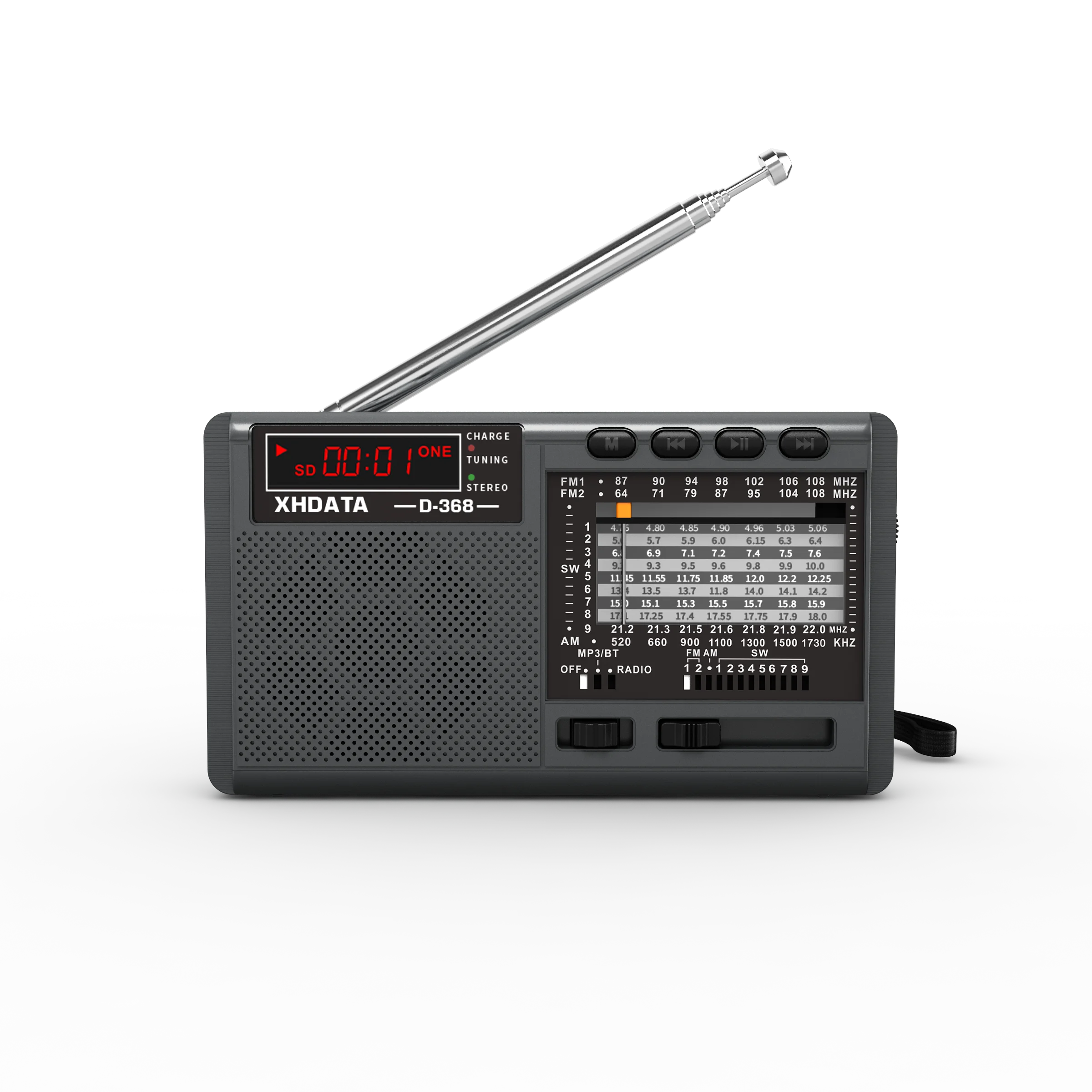 XHDATA D-368 Portable Stereo Radio FM AM SW MP3 Player with Bluetooth TF Card USB Playback 4Ω 3W Speaker Rechargeable Battery