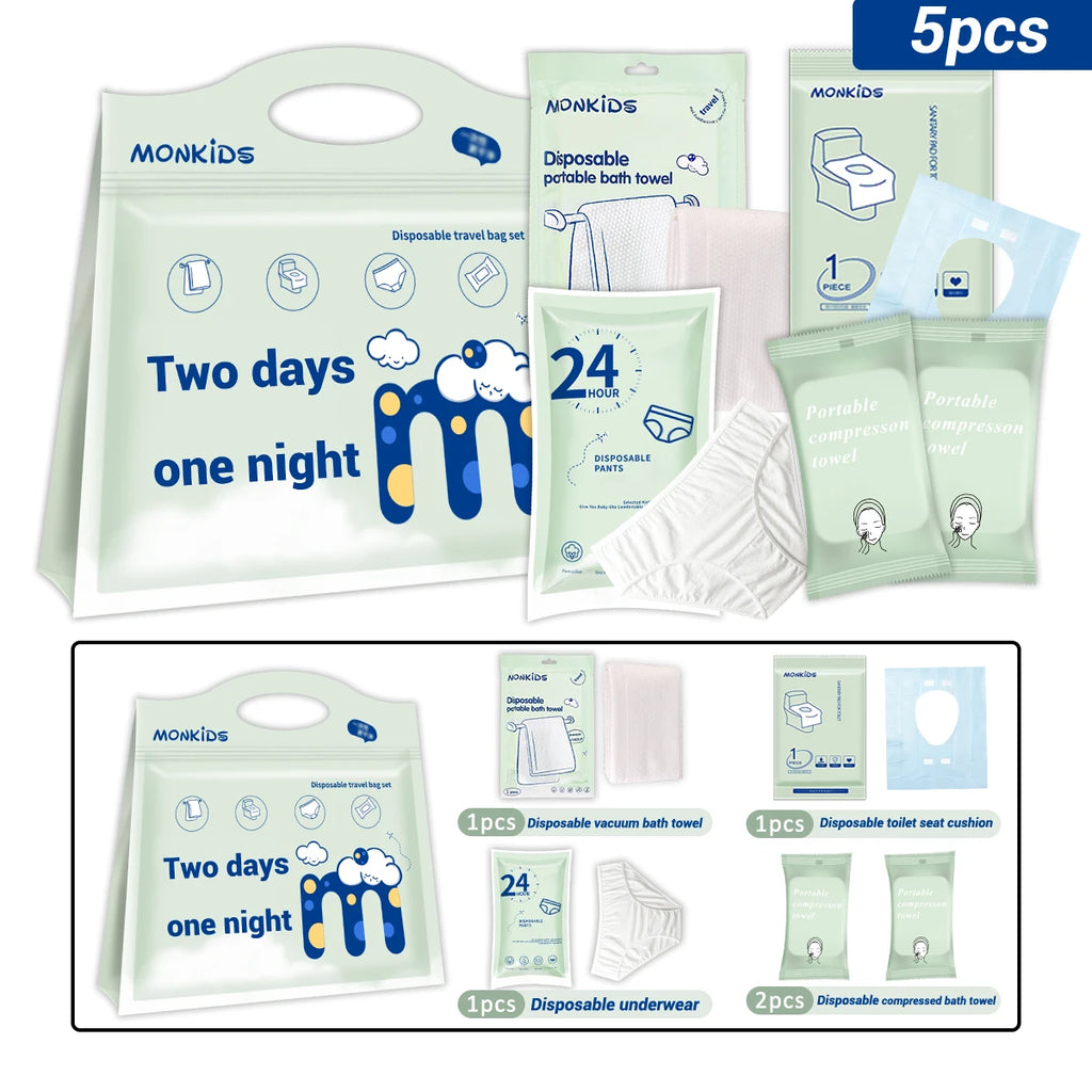 1 pack of two-day and one-night disposable bath towels, washcloths, underwear sets, travel portable daily necessities.
