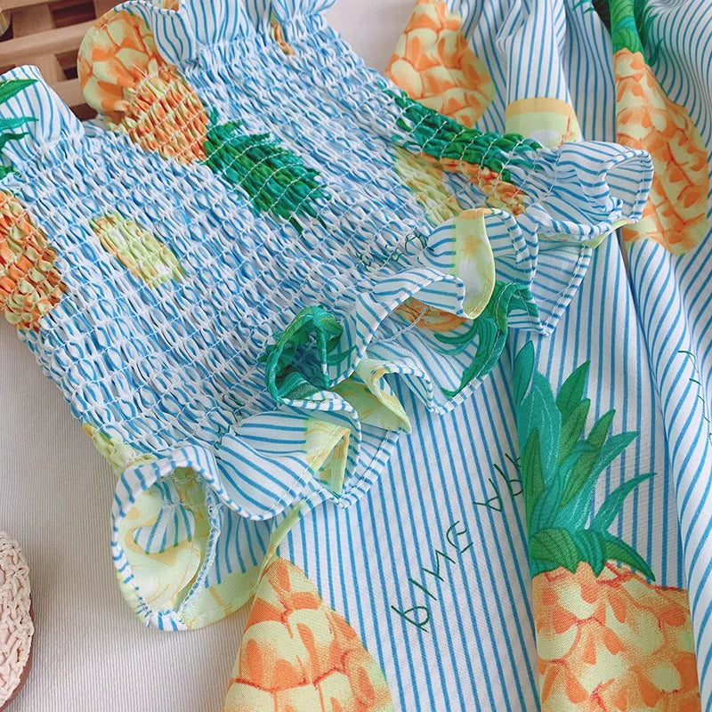 Kids Clothes Girls Summer Fashion Fruit Printed Slim Fit Camisole Top+Umbrella Skirt Sets Children's Daily Casual Wear