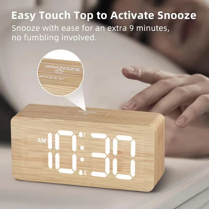 Alarm Clock LED Wooden Watch Table Voice Control Digital Wood Despertador USB/AAA Powered Electronic Desktop Clocks