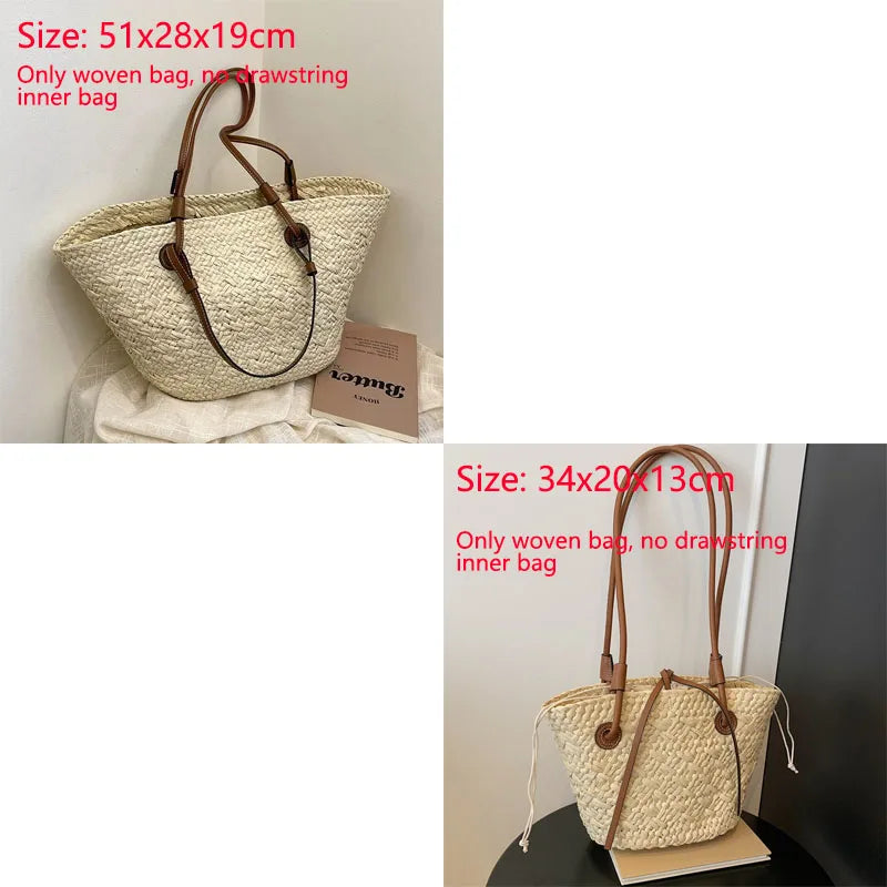 Rattan Large Capacity Casual Tote Bag Designer Wicker Woven Women Handbags Summer Beach Straw Bag Lady Travel Big Basket Purses