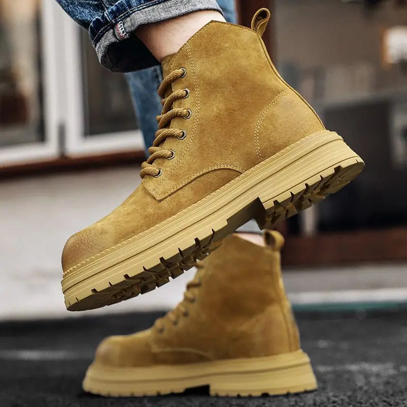 Outdoor Leather Mens Ankle Boots Fashion High Top Men's Casual Shoes British Style Male Work Boots Lace-up Walking Hiking Shoes