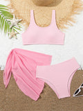 Kids Swimsuit Girls Bikini 2026 New Solid Ribbed Sling Bikinis Set Children Swimwear Summer Three Piece Beachwear Bathing Suits