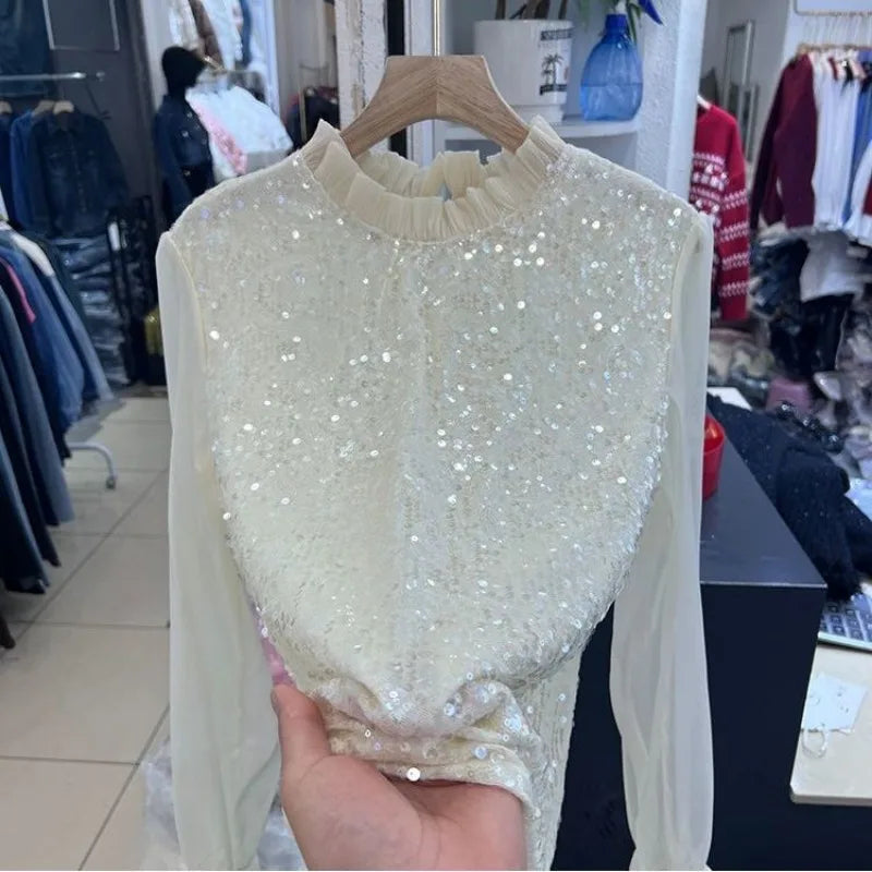 Ruffled Chiffon Spliced Sequins Long-sleeved T-shirt for Women 2025 Early Spring New French Chic and Elegant Top