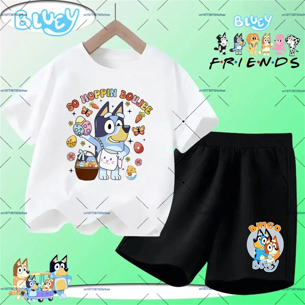 Kids Summer Casual Sports Outfit Bluey Cartoon Short Sleeve T-shirt & Shorts 2-Piece Set Soft Comfortable Children Clothing