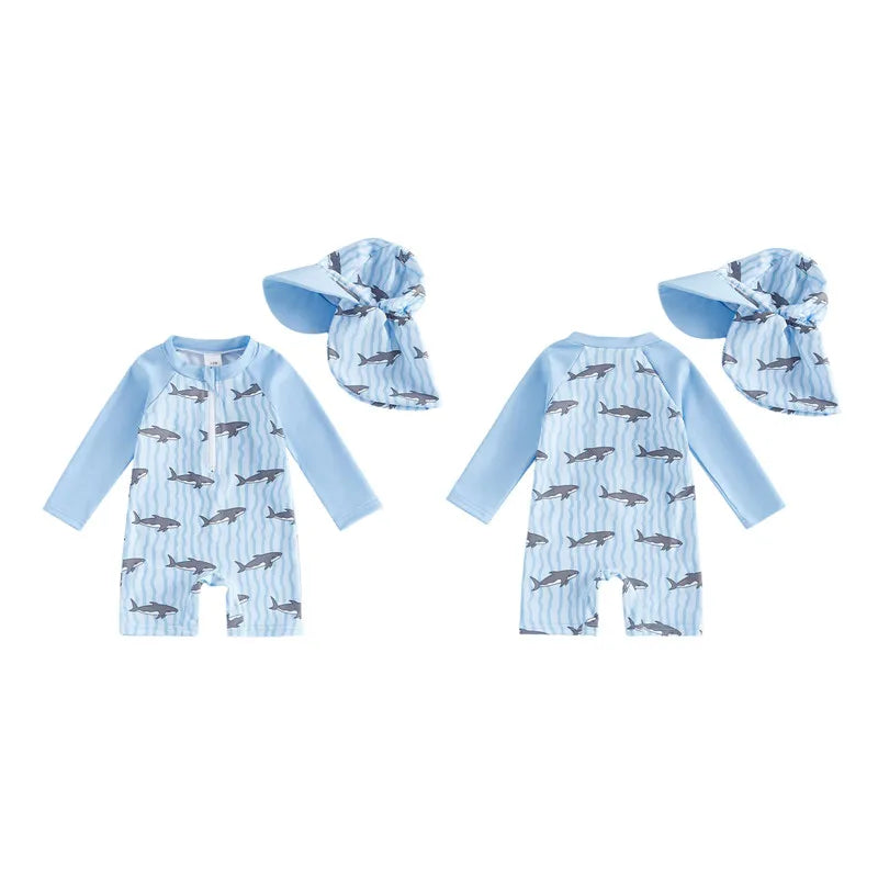 0-5years Toddler Baby Boys Swimsuit Set Sailboat/Shark Print bathing suit Upper Zipper Rash Guard Swimwear for toddler boys