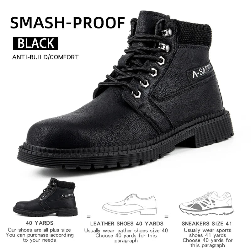 Mens Work Boots 2025 Fashion Outdoor Leather Steel Toe Indestructible Shoes Men Anti Slip Puncture Proof Safety Shoes Boot Man