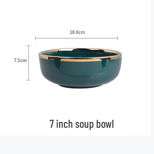 Gold Edging Green Porcelain Plates Food Dinner Set Dishes Salad Soup Bowl Ceramic Plates Bowls Luxurious Tableware Set