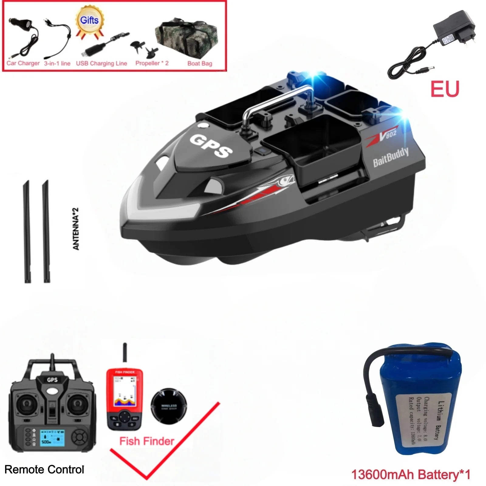 GPS Positioning 160 Positioning Points Fishing Boat Rc Bait Boat 4 Hoppers Waterproof 3KG Load 500M 15KM/H GPS One Click Return