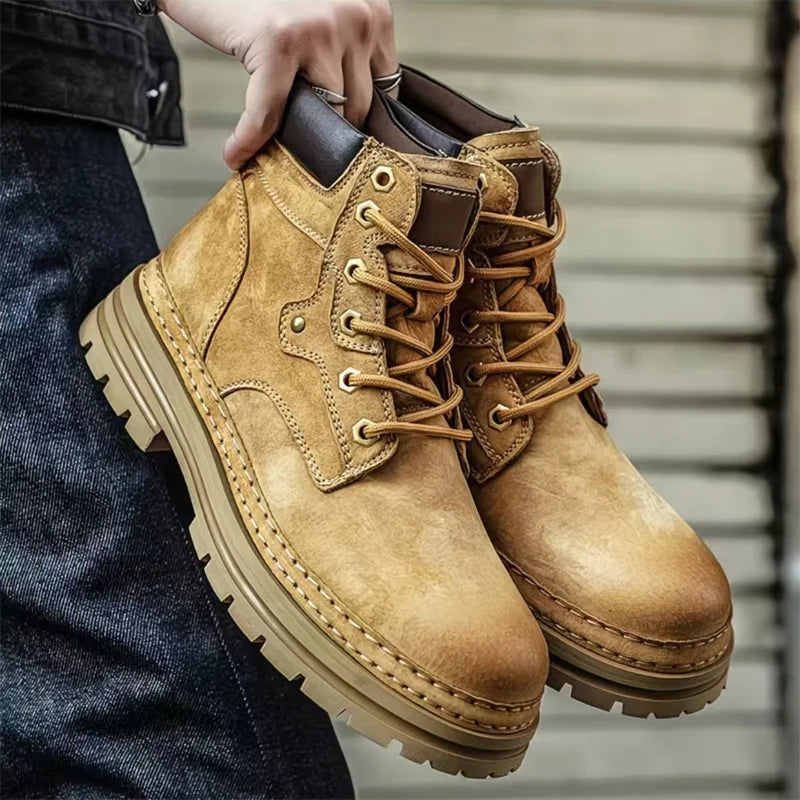 Fashion Men Boots Spring Comfortable Platform Leather Shoes Men Trend Brown Non-slip Work Boots for Men Casual Shoe Cowboy Boots