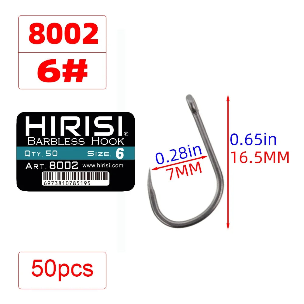 Hirisi 50pcs Barbless Fishing Hooks PTFE Coated High Carbon Steel Hook 8002 Freshwater Fishing Supplies