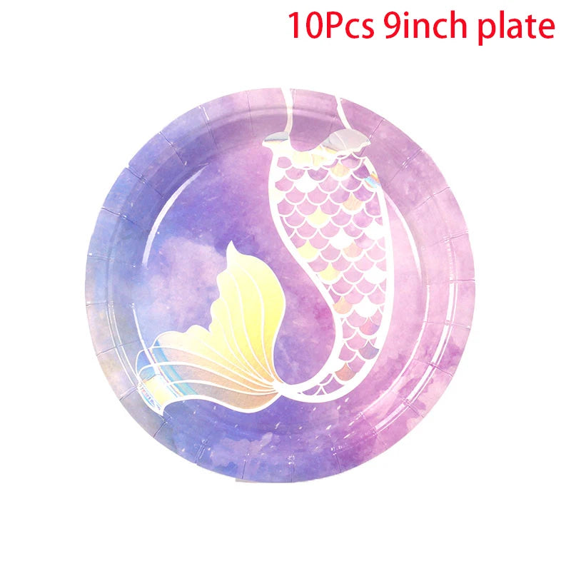Mermaid Themed Party Disposable Tableware Purple Paper Plate Cup Knife Fork Spoon Girls Birthday Party Supplie Baby Shower Decor