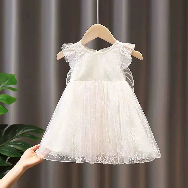 Girl dress polka dot princess dress baby white gauze dress Winged angel white gauze dress birthday party gifts 1-8T summer