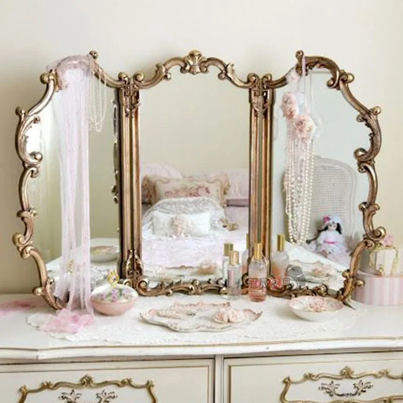 vanity mirror desktop  retro bedroom vanity mirror tri-fold desktop special-shaped folding mirror