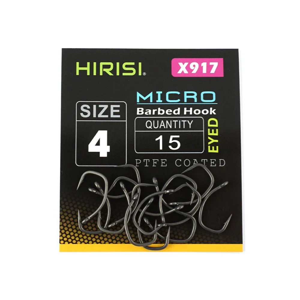 Hirisi 15pcs Carp Fishing Hooks With Eye Micro Barb High Carbon Steel Fish Hooks PTFE Coated X917 Fishing Accessories