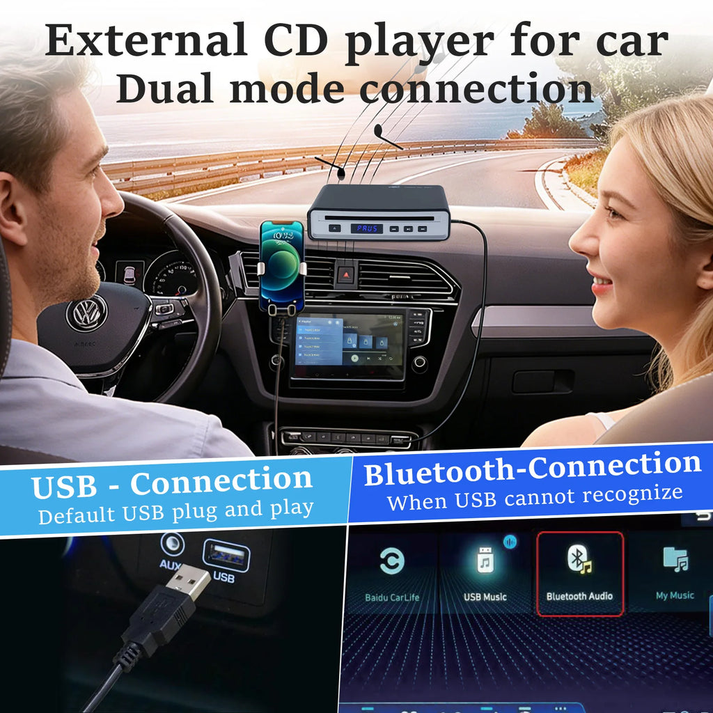 Car CD Player for Portable,  External Car CD player, Dual-Mode USB or Bluetooth CD Player with for Car All-Models, Plug and Play