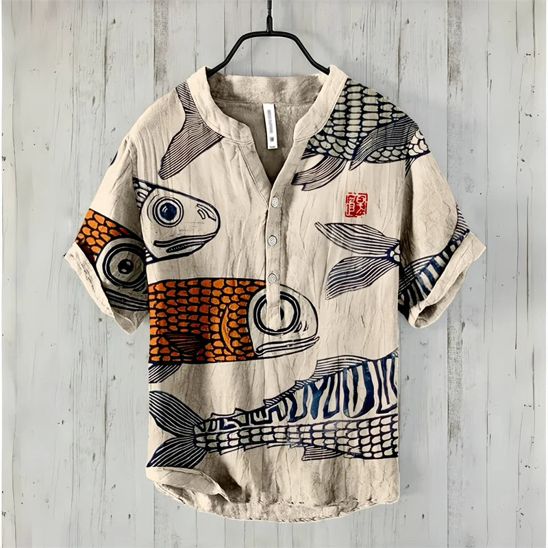 Spring and summer men's and women's shirts, fashionable shirts, casual fish pattern Hawaiian style printed shirts, linen tops