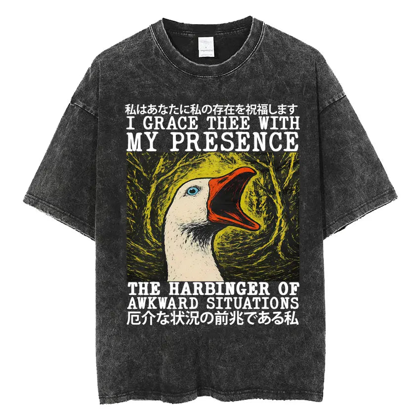Mens Clothes Vintage Washed The Harbinger of Awkward Situations Weirdcore Japanese Funny Short Sleeved Round Neck Y2k Tshirt
