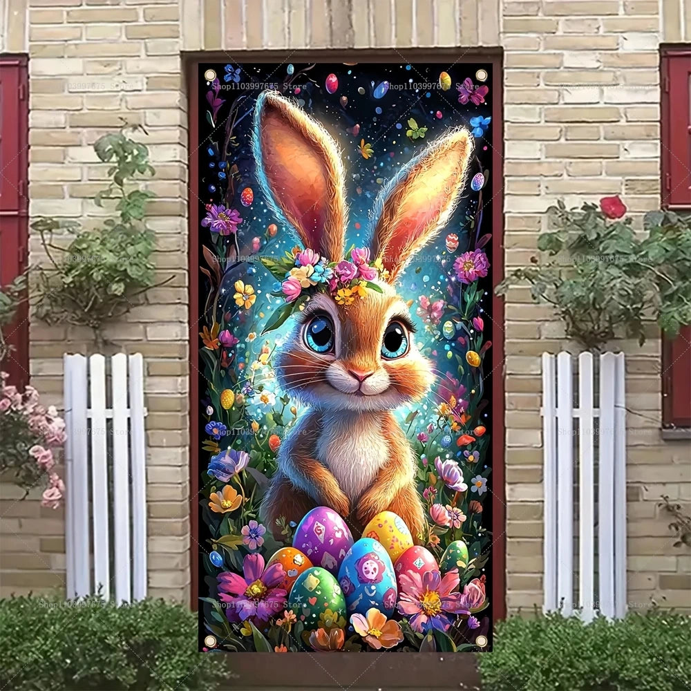 Easter Bunny Door Cover Banner Vinyl Easter Eggs Flowers 2D Door Banner for Spring Holiday Party Background Decoration Supplies