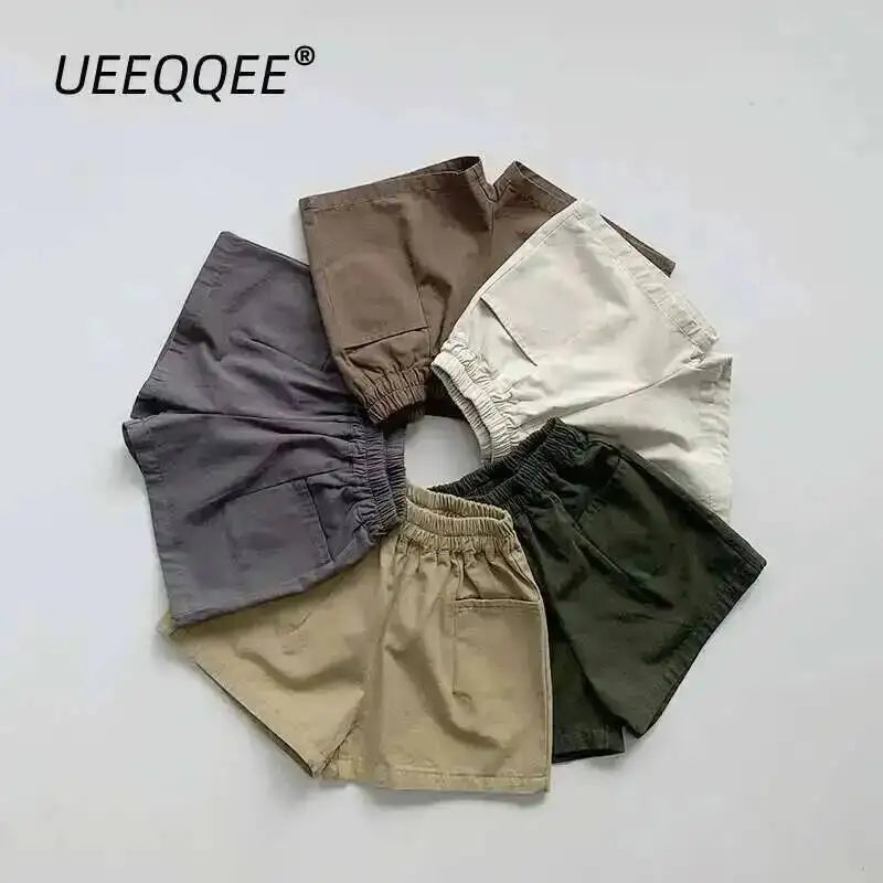 Spring Summer Children Shorts 1-8Y Boys Girls Cotton Pockets Solid Short Pants Trousers Korean Toddler Wear Bottoms Kids Clothes