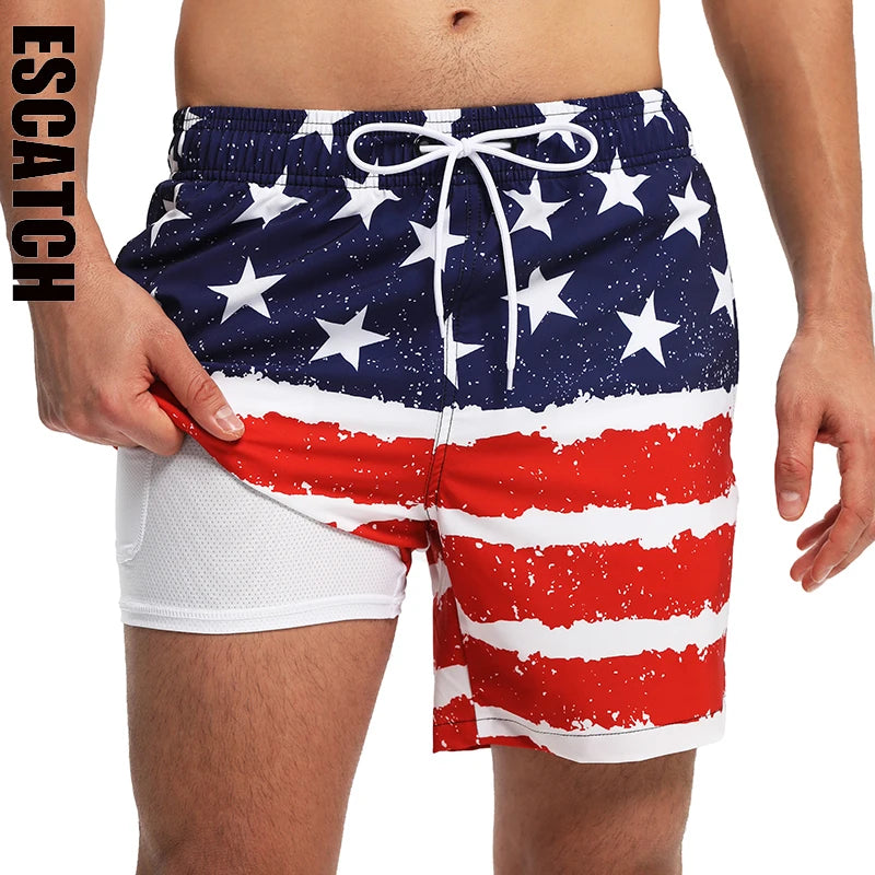 ESCATCH 2026 Summer New Style Mens Shorts 2 in1 Fitness Printing Traje De Baño Hombre Long Lining With Zipper Pockets Swimsuit
