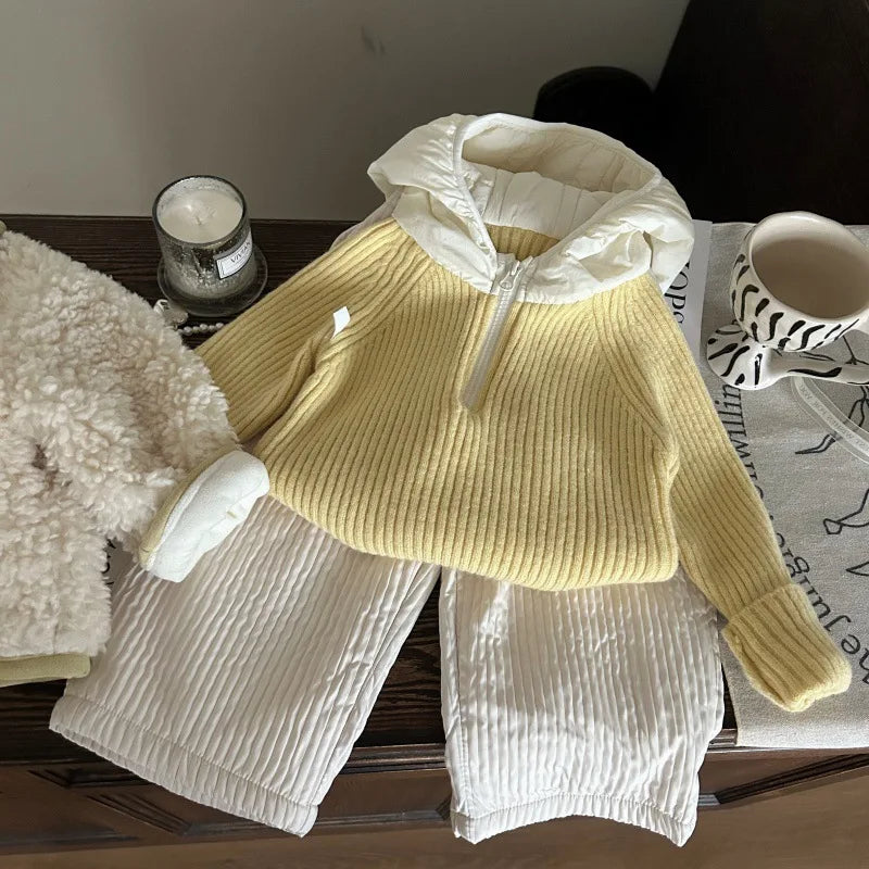 Korean Children's Clothing 2025 New Winter Girls' Knitted Hooded Sweater, Children's Plush Warm Pants Kids Suits