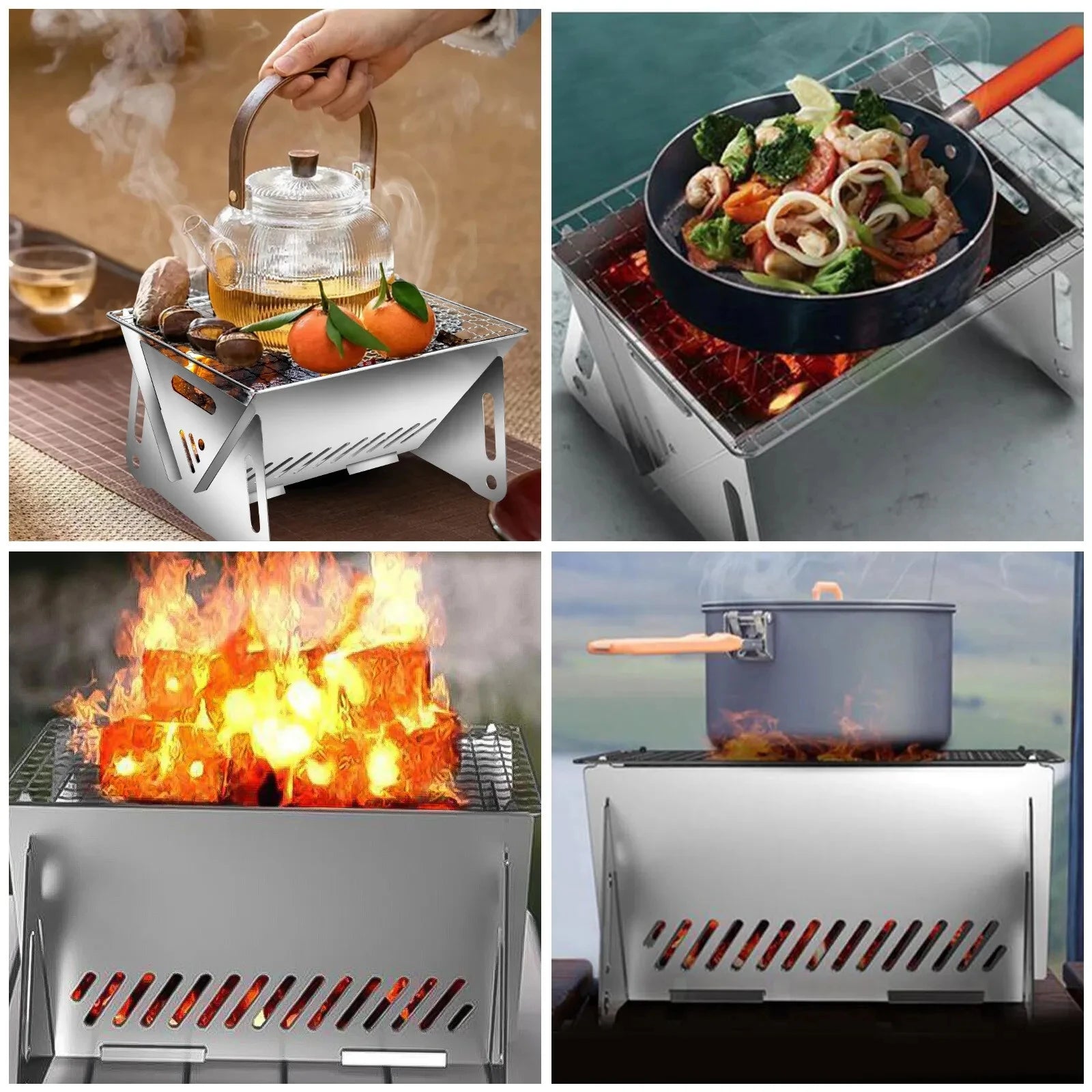 Wood Burning Camp Stove Picnic BBQ Burner Portable Folding Backpacking Stove with Grill-Grid Wood Fire Stove for Outdoor