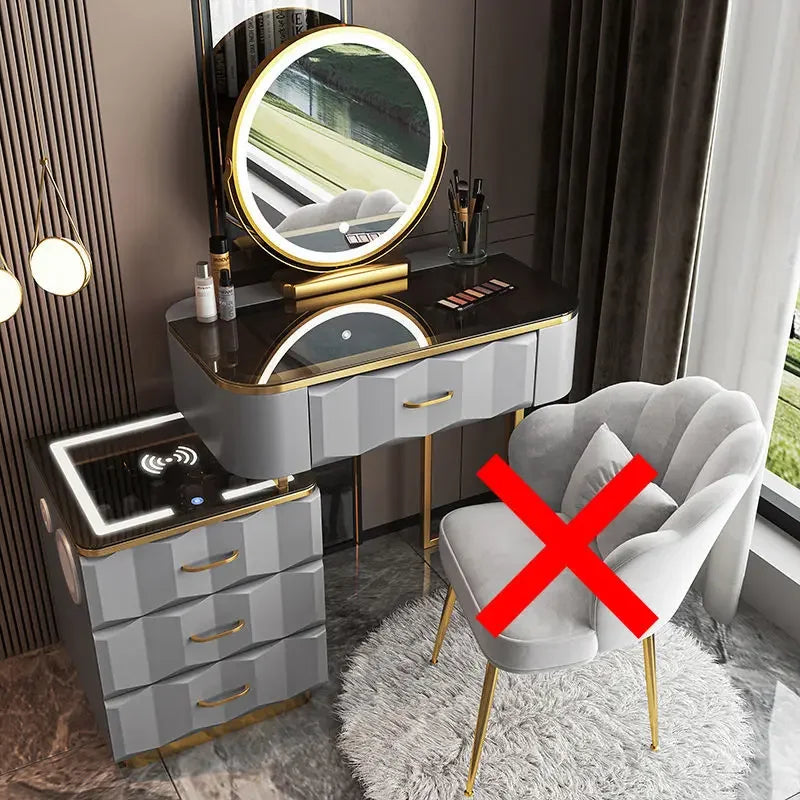 Makeup Vanity Desk with Wireless Charging Station and Bluetooth Speaker, Dressing Table with Tempered Glass Desktop,Vanity Set