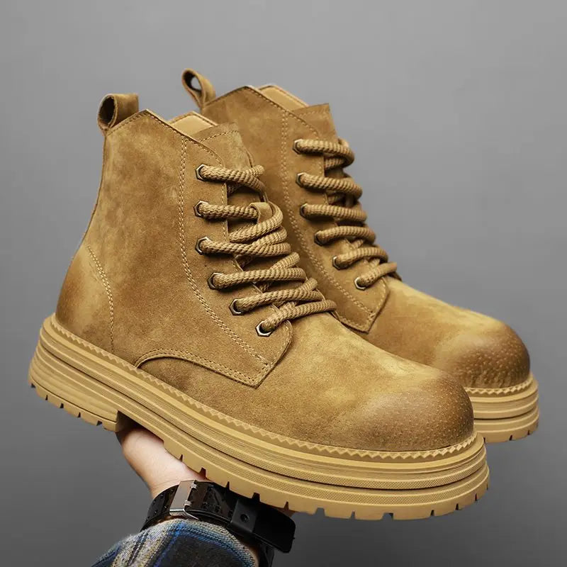Outdoor Leather Mens Ankle Boots Fashion High Top Men's Casual Shoes British Style Male Work Boots Lace-up Walking Hiking Shoes