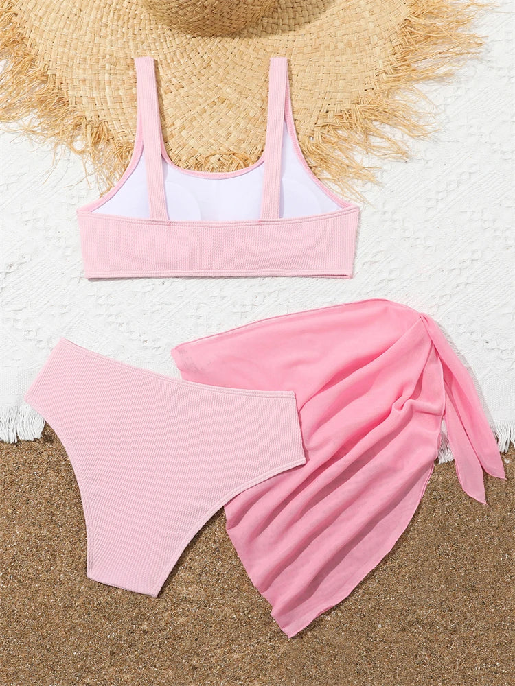 Kids Swimsuit Girls Bikini 2026 New Solid Ribbed Sling Bikinis Set Children Swimwear Summer Three Piece Beachwear Bathing Suits