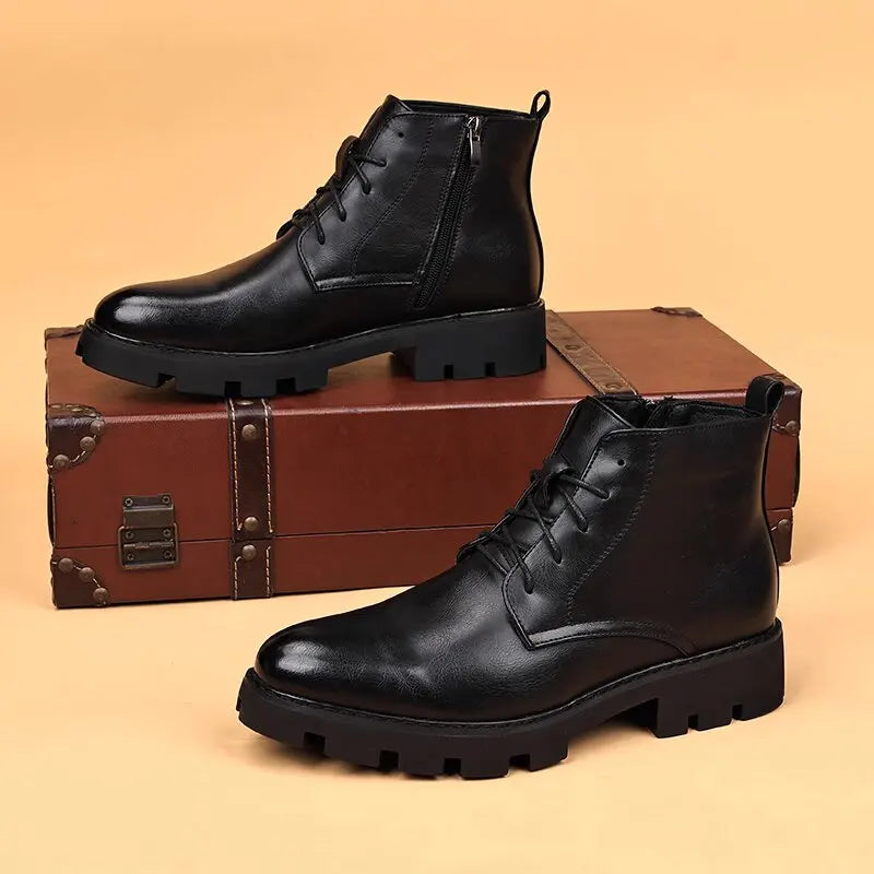mens casual natural leather boots black stylish autumn winter shoes cowboy platform boot business office ankle botas masculinas