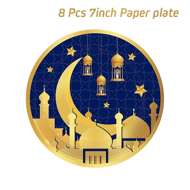 Blue Gold Eid Mubarak Ramadan Moon Festival Muslim Party Disposable Tableware Cups Plates Napkins Baby Shower Party Decorations
