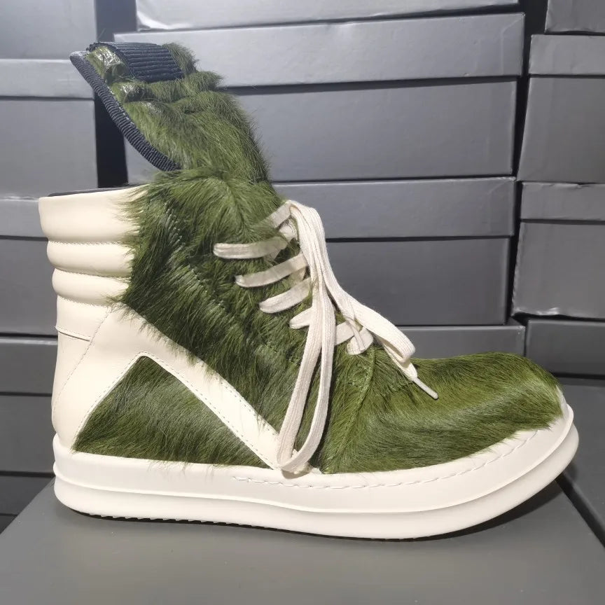 Men's Horsehair Shoes Casual Platform Women High Top Sneakers Leather Luxury Trainers Lace Up Zip Designer Male Boots