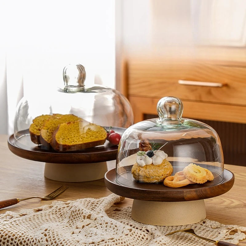 Modern Round Wooden Cake Tray with Glass Cover Dessert Bread Display Stand Fruit Snack Plate Kitchen Utensils Holiday Decoration