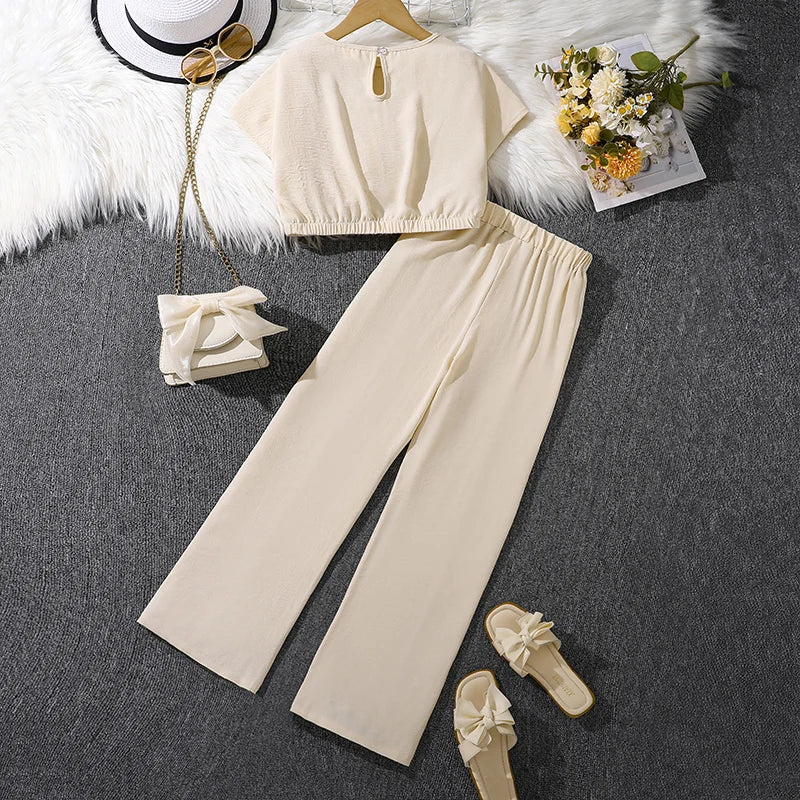 Kids Clothes Sets For Girls O-Neck Fly-Sleeve Elastic-Waist Two-Pieces Set 8-12 Years Summer Basic Korean Style Tracksuit