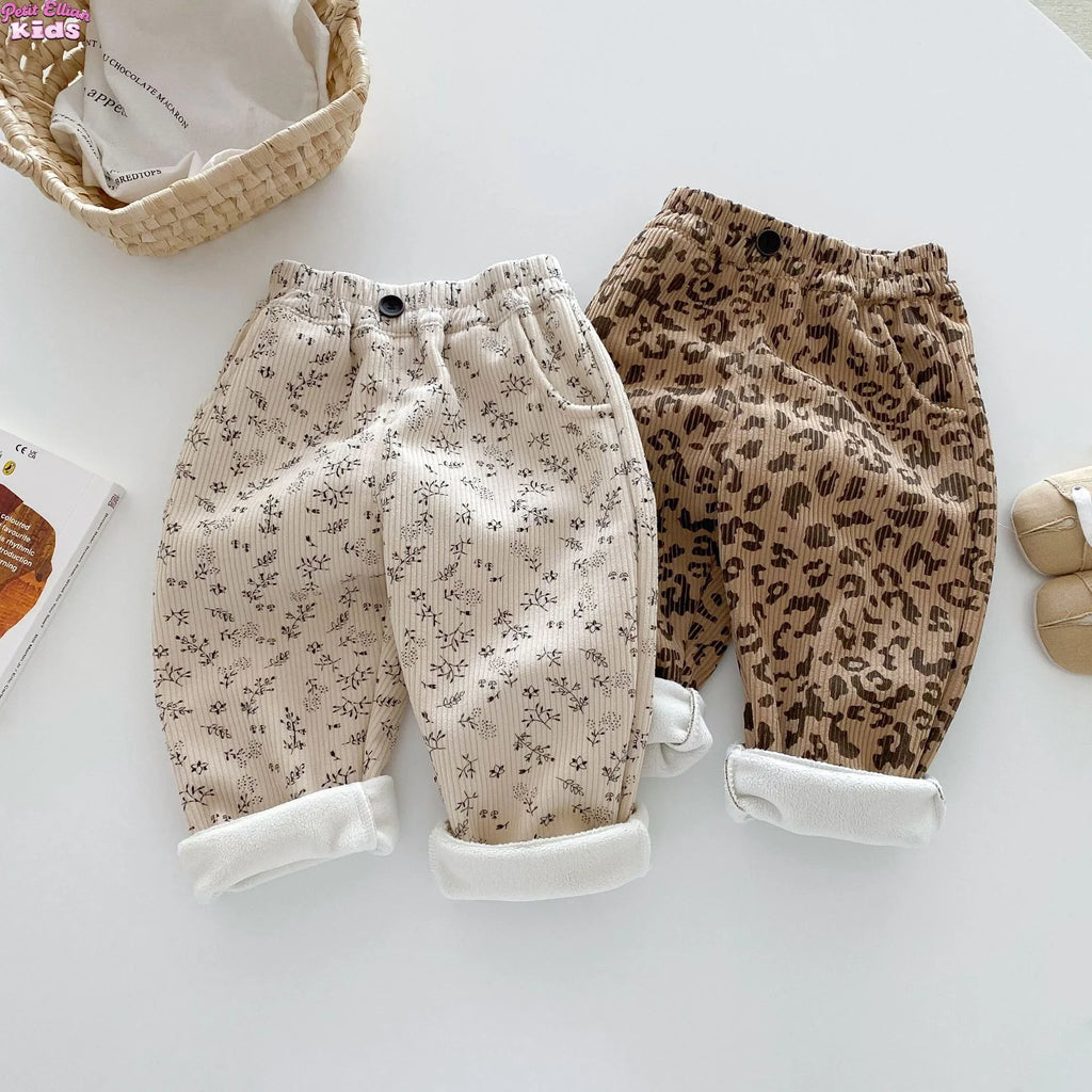 Korean Children's Clothes 2025 Winter Pants Kids Corduroy Floral Print Fleece Lined 0-5Y Baby Boys Girls Warm Winter Trousers