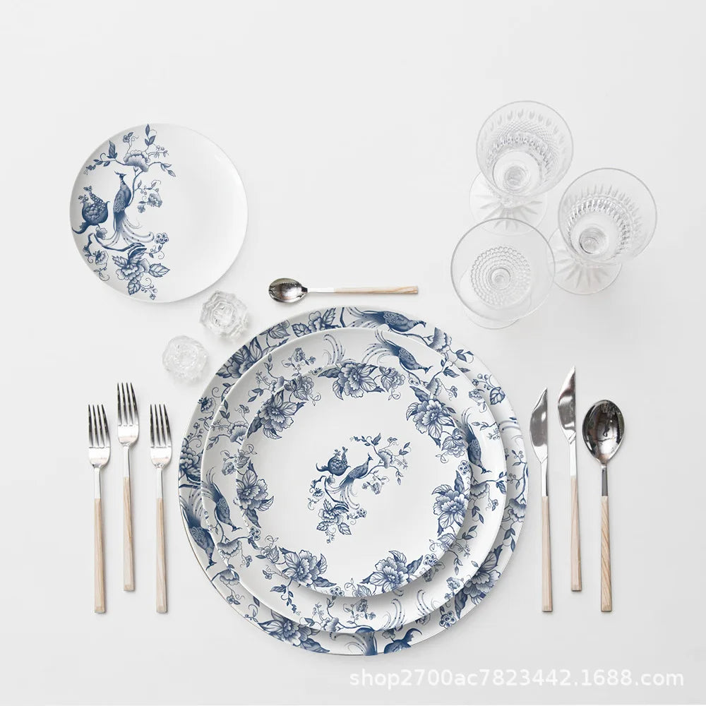 Bone China Dinning Plates Set Chinse style Flower Bird Peacock Porcelain Plate for Dessert Steak Bread Cake Dish Tray Coffee Cup