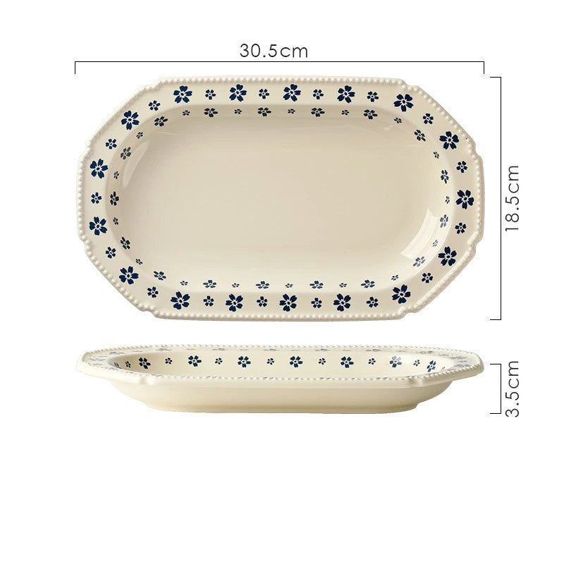 1PC Ceramic Tableware Retro Blue Cherry Blossom Household Rice Bowl Vegetable Plate Niche Bowl Set  Cute Bowl