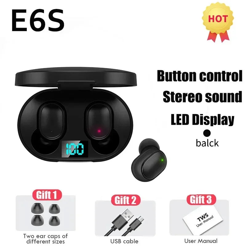 E6S wireless Bluetooth headphones with microphone noise cancellation LED display battery level music and sports headphones