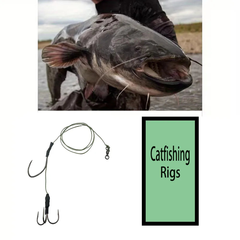 Outdoor Catfish Fishing Gear Set - 1 Heavy-Duty Single Hook, 1 Triple Anchor Hook, Anti-Bite Pe Tubing (Freshwater Night Fishing)