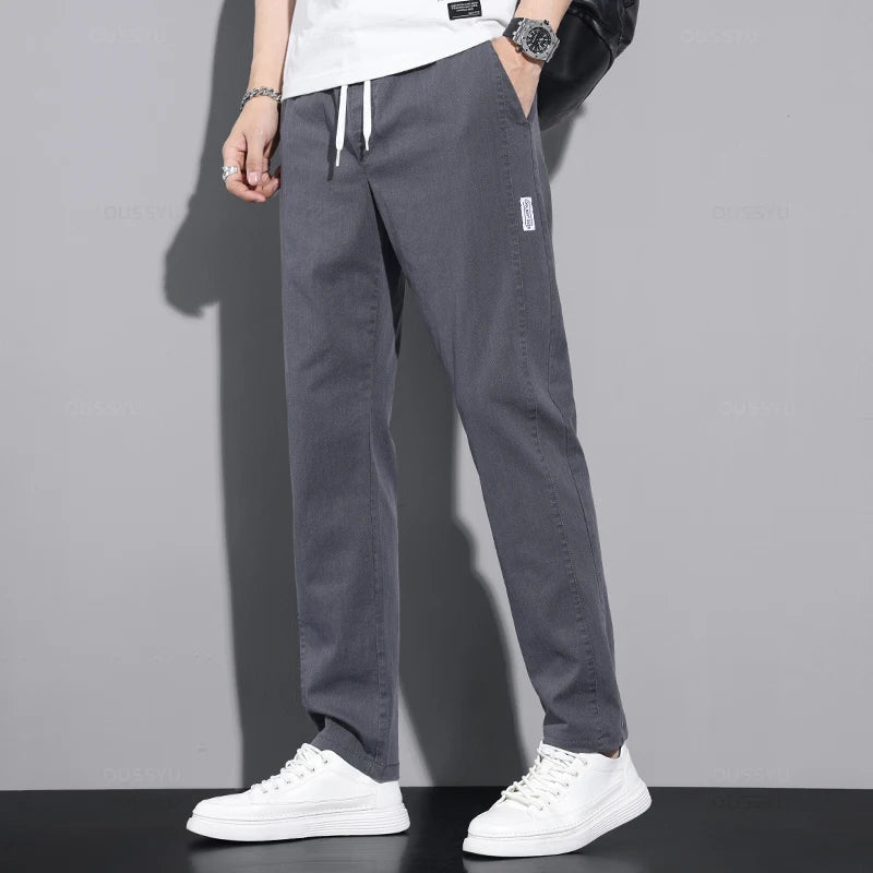 New Spring Autumn Cotton Men's Casual Pants Classic Drawstring Elastic Waist Stretch Blue Jogging Work Cargo Trousers Male
