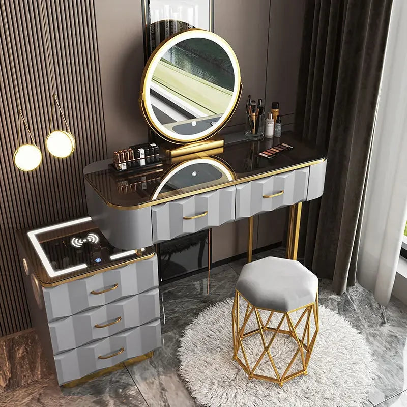 Makeup Vanity Desk with Wireless Charging Station and Bluetooth Speaker, Dressing Table with Tempered Glass Desktop,Vanity Set