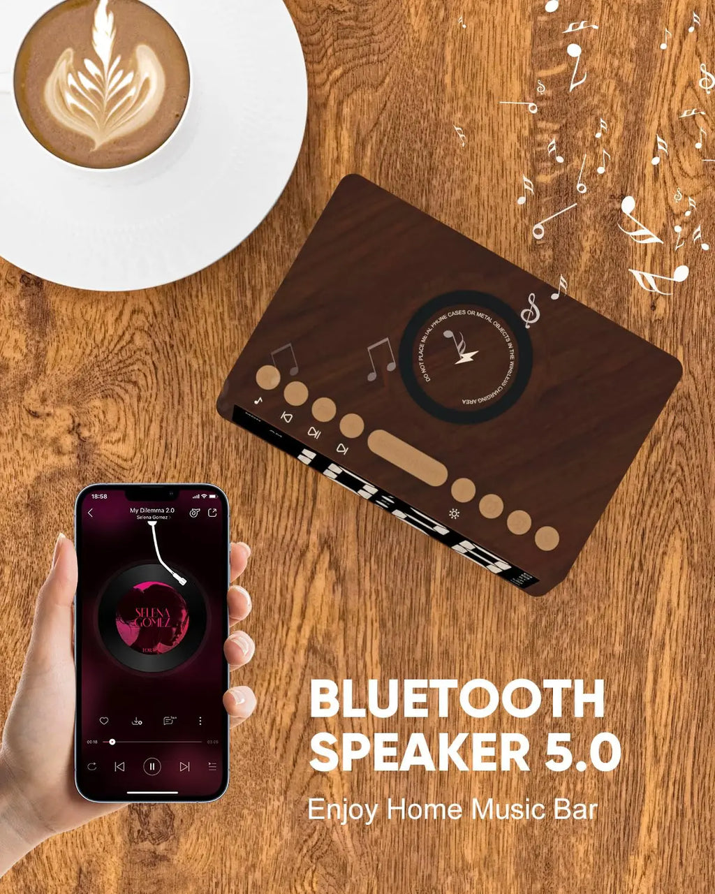 Retro Wooden Digital Alarm Clock Large Display with FM Radio, Bluetooth Speaker, Wireless Charger Station for cell phone
