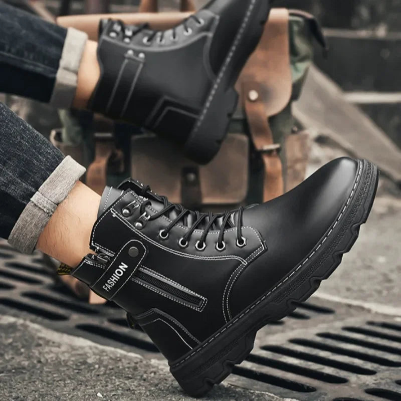 High Top Men's Shoes for Spring and Autumn, New Anti Slip and Waterproof Desert Boots Outdoor Zipper Hiking Shoes Work Boots