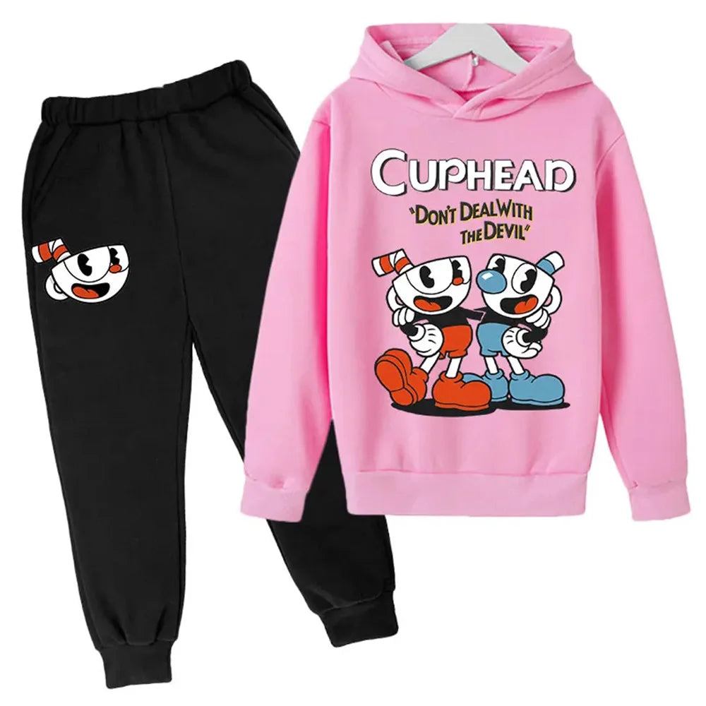 Kids Clothes Game Cuphead Mugman cotton hoodie+pants 2-piece Spring Autumn Childrens Clothing Sets Boys Girls Sweatshirts Suit