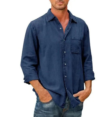 Men Shirts Cotton Denim Long Sleeve Casual Solid Color Laple Shirt Mens Spring Autumn Fashion Vintage Jeans Shirt Tops S-5XL